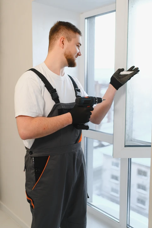 Deux ouvriers en uniformes bleu marine et casques blancs installent une fen&ecirc;tre PVC double battant dans un mur int&eacute;rieur blanc