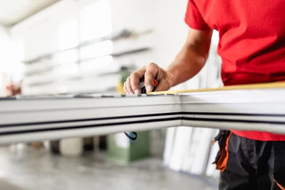 Photographie d'un chantier de pose de menuiserie extérieure en cours d'installation. On y voit un ouvrier en tenue professionnelle travaillant avec soin, l'environnement immédiat du chantier est parfaitement rangé et propre, les débris sont minimisés, les matériaux sont organisés. L'arrière-plan montre une habitation où des fenêtres ou des portes sont en cours de pose. L'image transmet une impression de professionnalisme, de rigueur et d'engagement envers la qualité des chantiers.