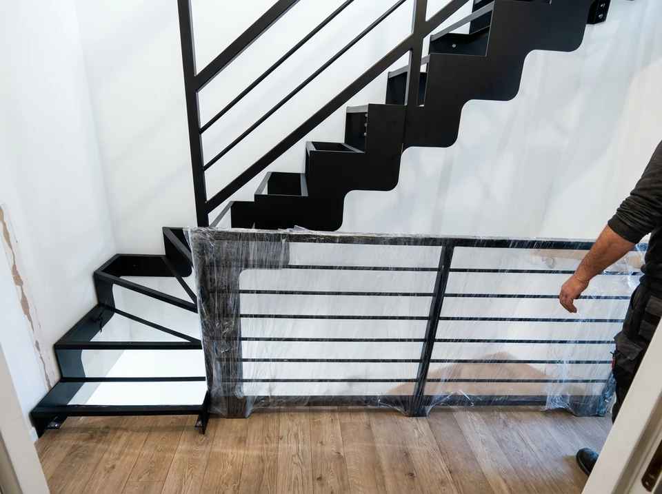 Escalier moderne d'intérieur avec marches en bois massif et structure métallique